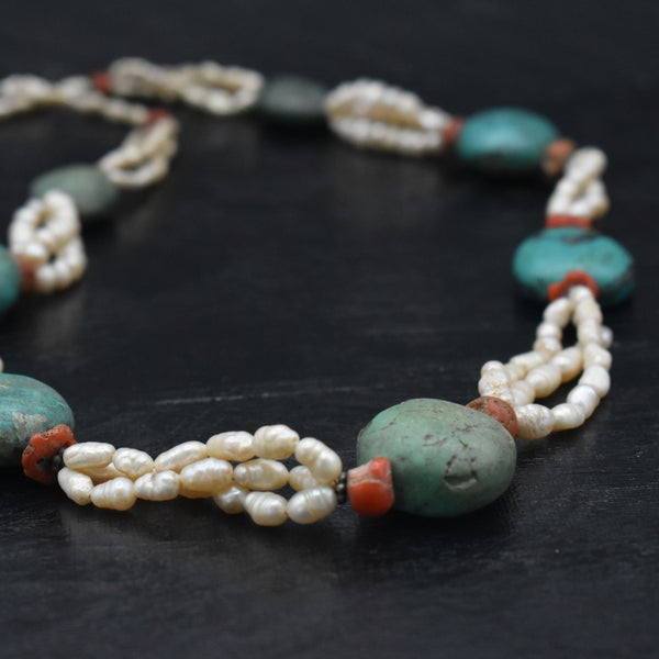 Vintage Turquoise Coral and Pearl Necklace - A Rare Piece! – Baga