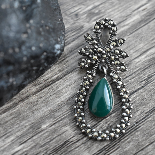 Handmade Detailed Green Jasper Marcasite Silver Sterling 925 Pendant