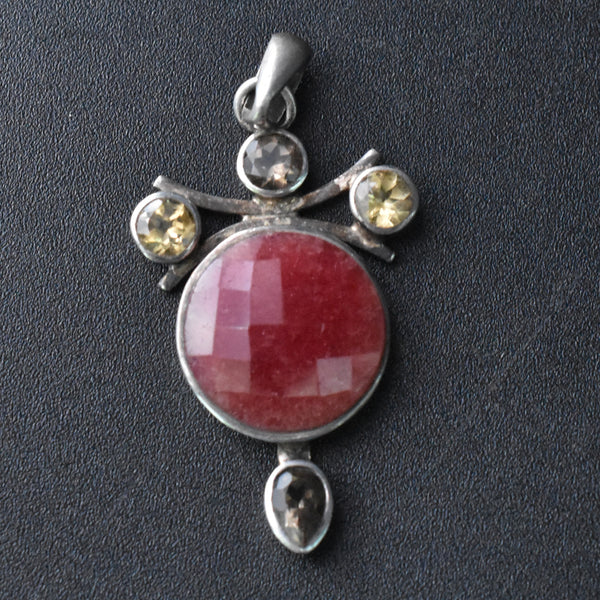 Elegant Faceted Pink Jade,Citrine and Smoky Quartz 925 Silver Pendant - Baga Ethnik Living