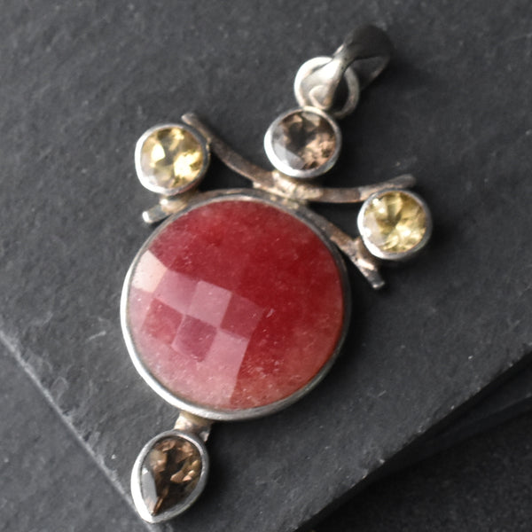 Elegant Faceted Pink Jade,Citrine and Smoky Quartz 925 Silver Pendant - Baga Ethnik Living