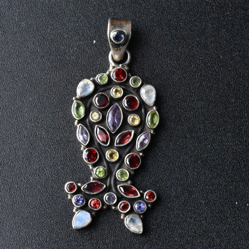 Faceted Multi-stone Himalayan Sterling Silver 925 Pendant