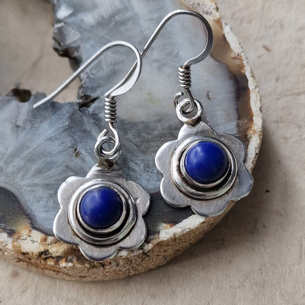 Nepali Lapis Lazuli Silver Flower Design 925 Hook Earrings - Baga Ethnik Living