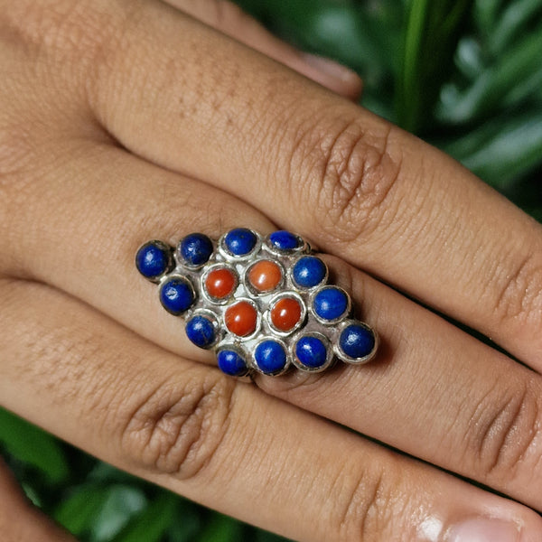 Vintage Lapiz and Coral Tibetan Silver Ring - Baga Ethnik Living