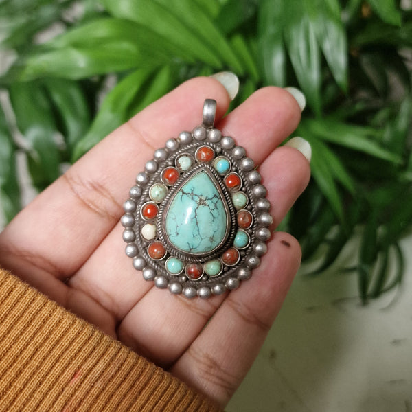 Handmade Vintage Turquoise and Coral Sterling Silver Pendant - Baga Ethnik Living