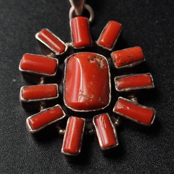 Vintage Coral Tibetan Silver Sterling 925 Pendant - Baga Ethnik Living