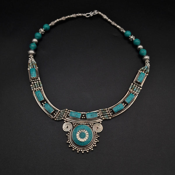 One-Of-A-Kind Tibetan Handcrafted Turquoise Inlay Necklace - Baga Ethnik Living