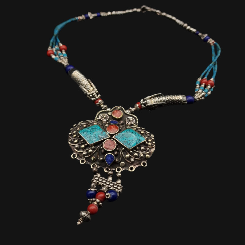 Tibetan Multi-Stone Necklace with Intricate Designed Silver Beads - Baga Ethnik Living