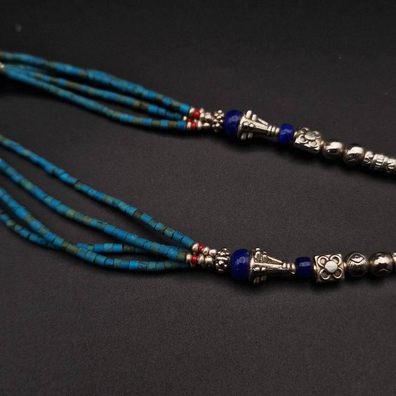 Tibetan Multi-Stone Necklace with Intricate Designed Silver Beads - Baga Ethnik Living