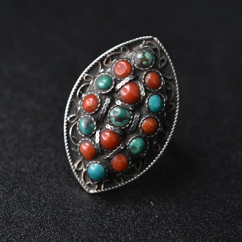 Vintage Turquoise Tibetan Silver Ring - Baga Ethnik Living