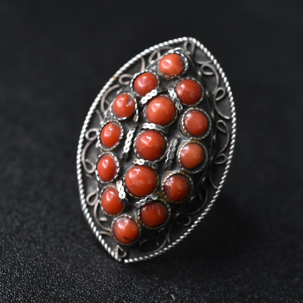 Vintage Coral Tibetan Silver Ring - Baga Ethnik Living