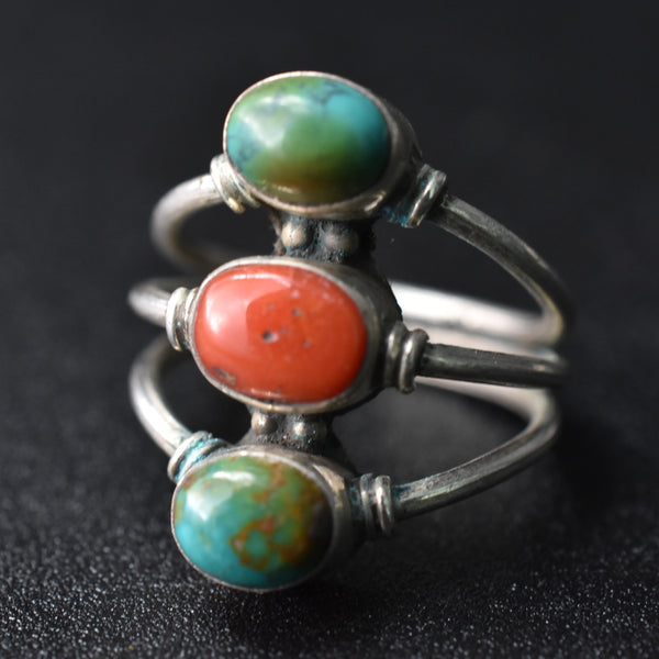 Vintage Handmade Tibetan Turquoise and Coral Silver Ring Jewellery - Baga Ethnik Living