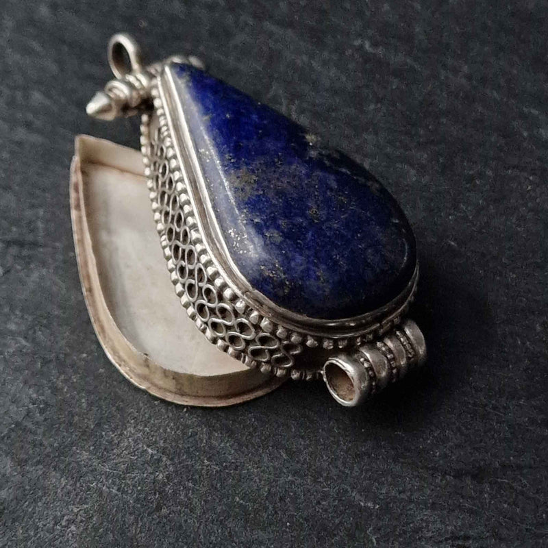 Vintage Handmade Lapis Lazuli and Sterling Silver Ghau Pendent Amulet - Baga Ethnik Living