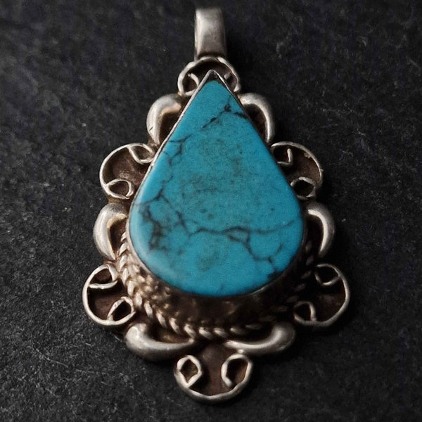 Vintage Style Turquoise Pendant Silver Sterling Pendant - Baga Ethnik Living