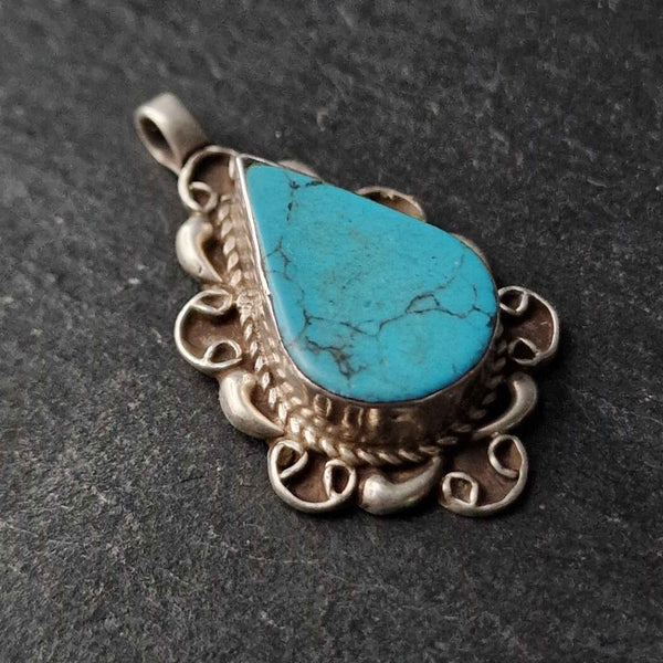 Vintage Style Turquoise Pendant Silver Sterling Pendant - Baga Ethnik Living