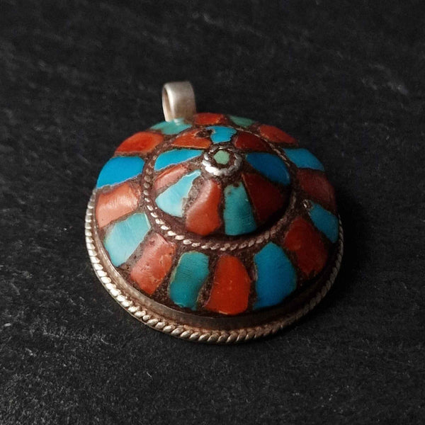 Handcrafted Turquoise and Coral Inlay Silver Sterling Pendant - Baga Ethnik Living