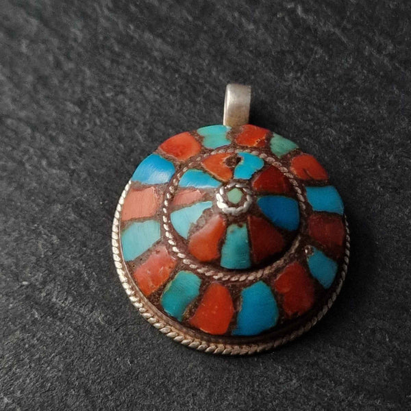 Handcrafted Turquoise and Coral Inlay Silver Sterling Pendant - Baga Ethnik Living