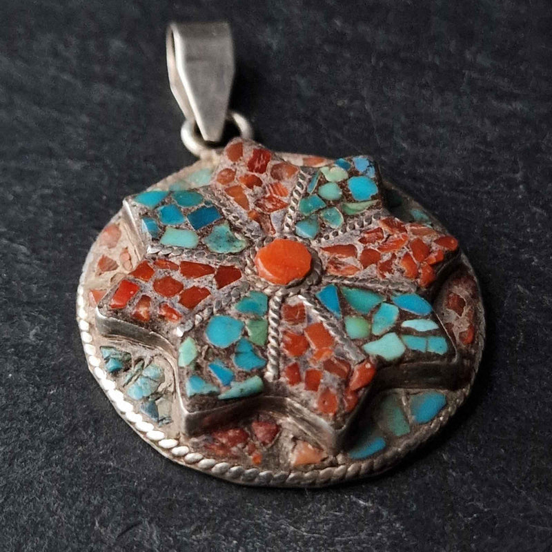 Coral Turquoise Inlay 925 Silver Sterling Pendant - Baga Ethnik Living