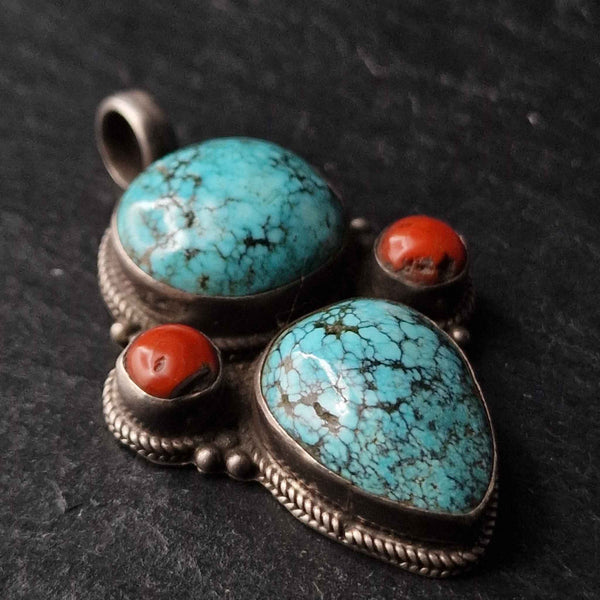 Large Turquoise and Coral Vintage Silver Pendant - Baga Ethnik Living