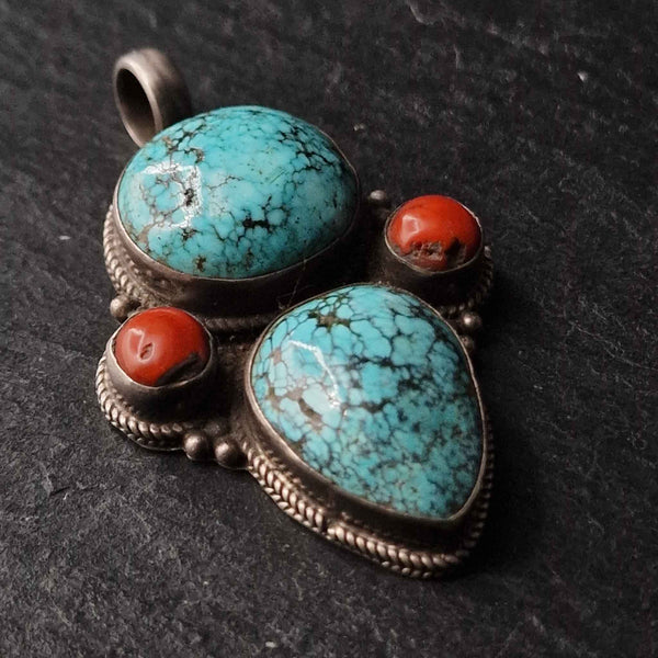 Large Turquoise and Coral Vintage Silver Pendant - Baga Ethnik Living