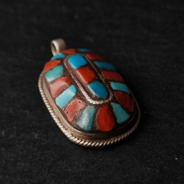 Vintage Turquoise and Coral Sterling Silver Pendant - Baga Ethnik Living