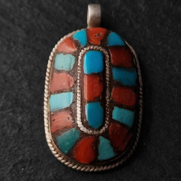 Vintage Turquoise and Coral Sterling Silver Pendant - Baga Ethnik Living