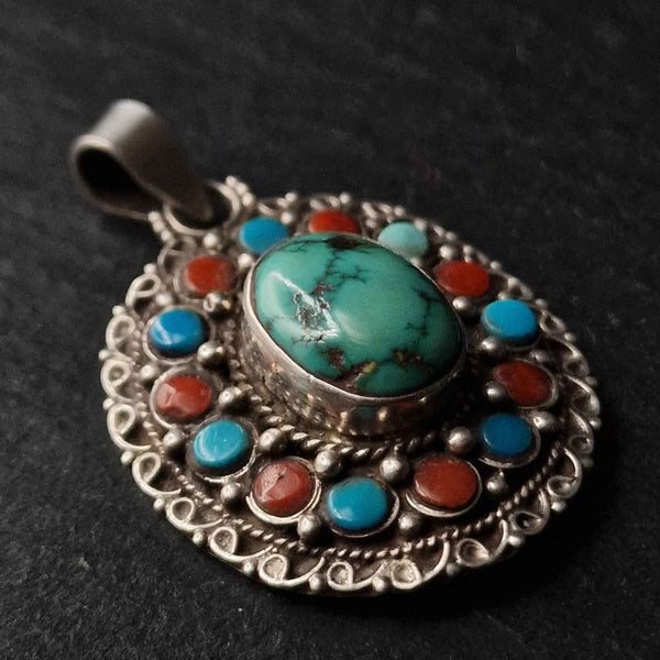 Vintage Handmade Silver Sterling 925 Tibetan Turquoise and Coral Pendant - Baga Ethnik Living