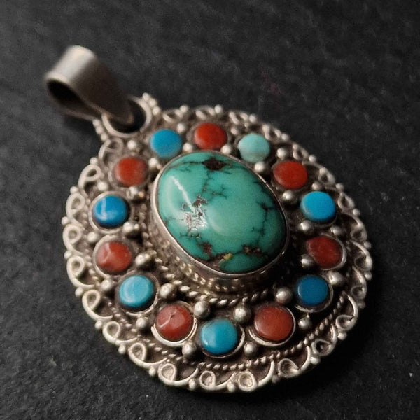 Vintage Handmade Silver Sterling 925 Tibetan Turquoise and Coral Pendant - Baga Ethnik Living