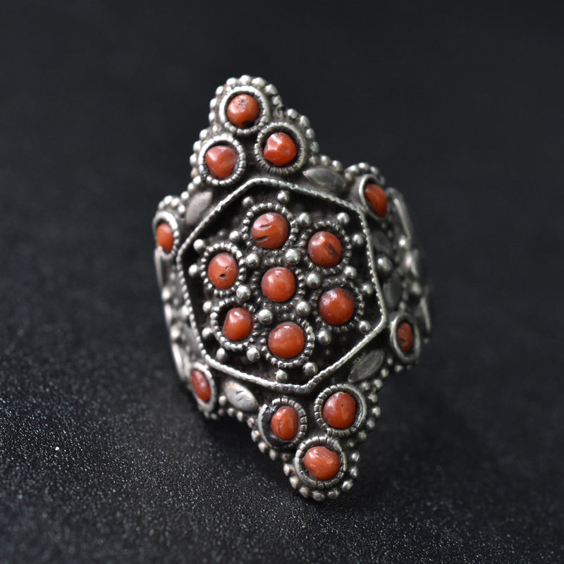 Vintage Coral and Turquoise Stones Tibetan Silver Ring - Baga Ethnik Living