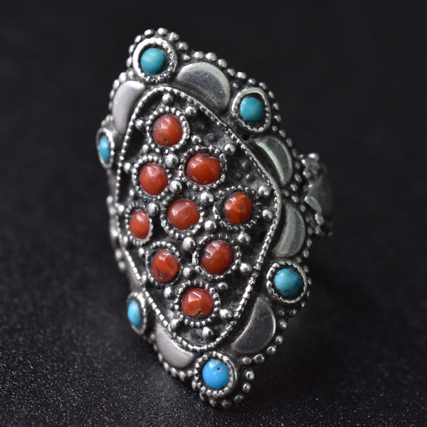 Vintage Coral and Turquoise Tibetan Silver Ring - Baga Ethnik Living