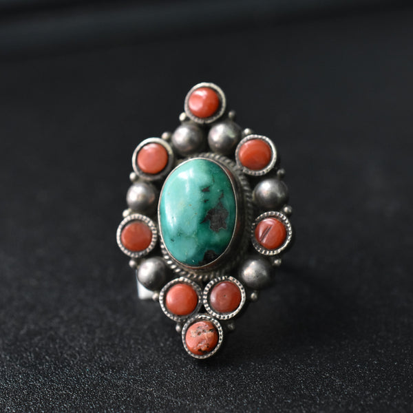 Vintage Turquoise and Coral Tibetan Silver Ring - Baga Ethnik Living