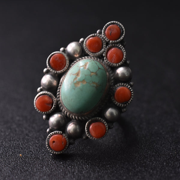 Vintage Turquoise and Coral Tibetan Silver Ring - Baga Ethnik Living