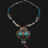 Tibetan Multi-Stone Necklace with Intricate Designed Silver Beads - Baga Ethnik Living