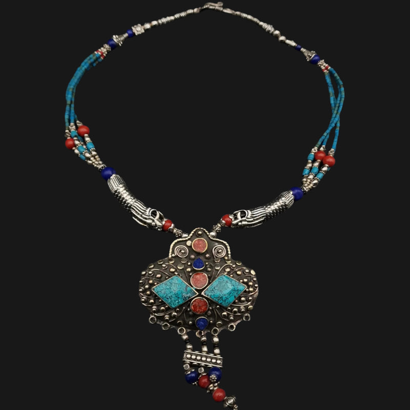 Tibetan Multi-Stone Necklace with Intricate Designed Silver Beads - Baga Ethnik Living