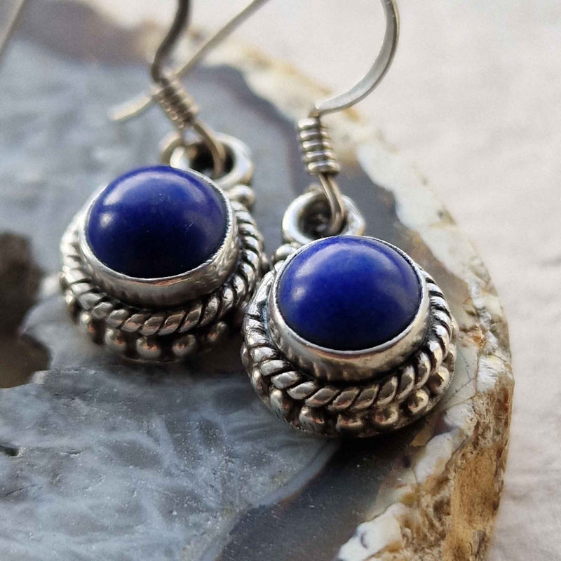 Himalayan Handmade Lapis Lazuli Silver Sterling 925 Hook Earrings - Baga Ethnik Living