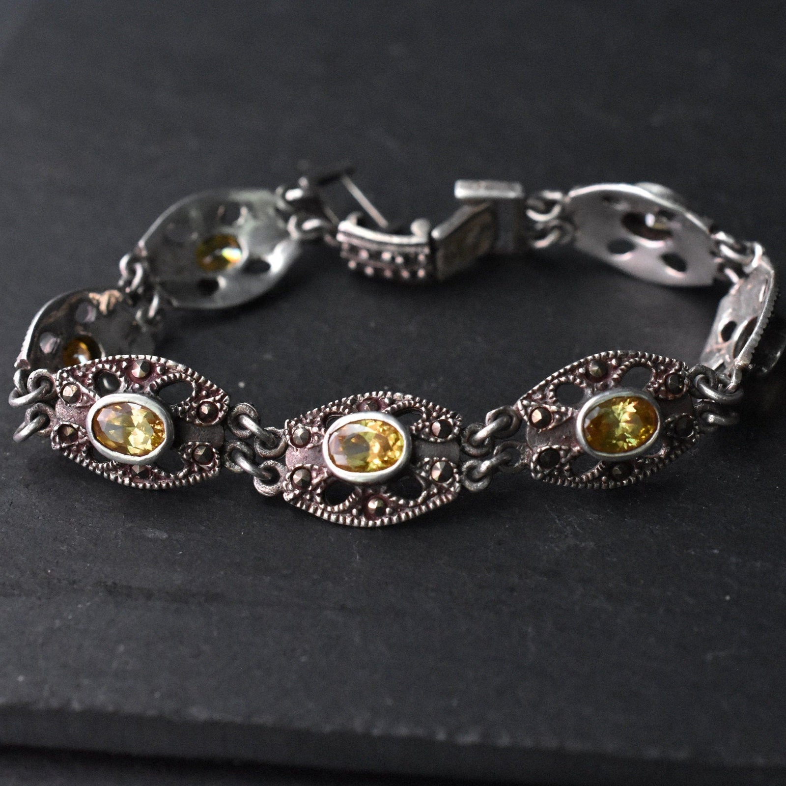 Honey Mockaite and Citrine outlet Quartz set in a designed Sterling Silver bracelet