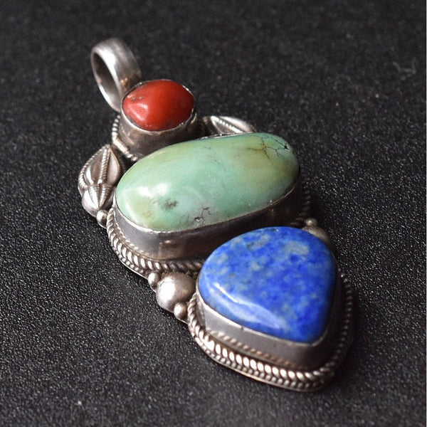 Vintage Collection Turquoise, Coral and Lapis Sterling Silver Pendant - Baga Ethnik Living