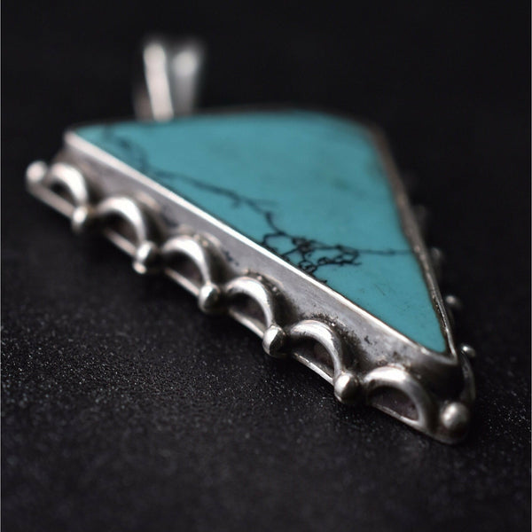 Unique Triangle Tibetan Handmade Turquoise Silver Pendant - Baga Ethnik Living