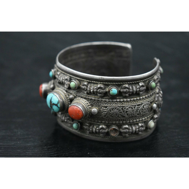 Antique Handmade Turquoise and Coral Bracelet Cuff - Baga Ethnik Living