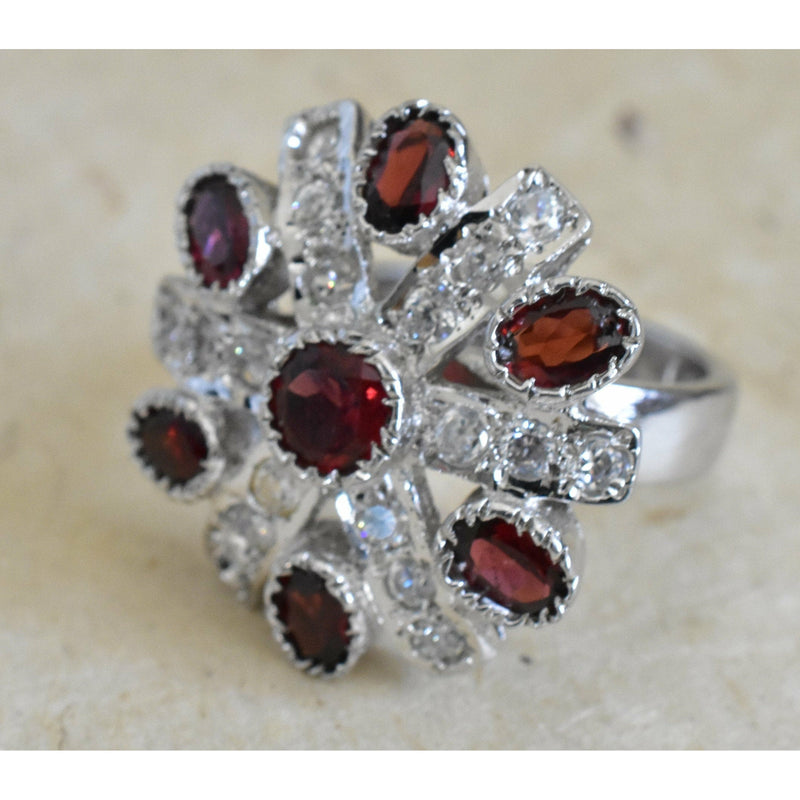 Gorgeous Cocktail Garnet & Zircon Silver Sterling Ring - Baga Ethnik Living