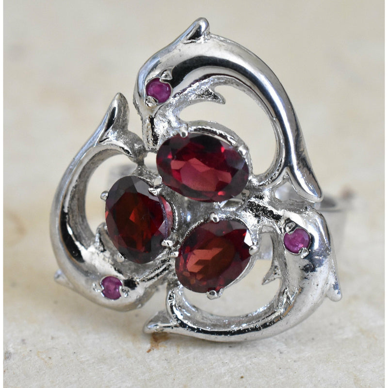 Handcrafted Silver Dolphins With Garnet and Ruby 925 Ring Jewellery - Baga Ethnik Living