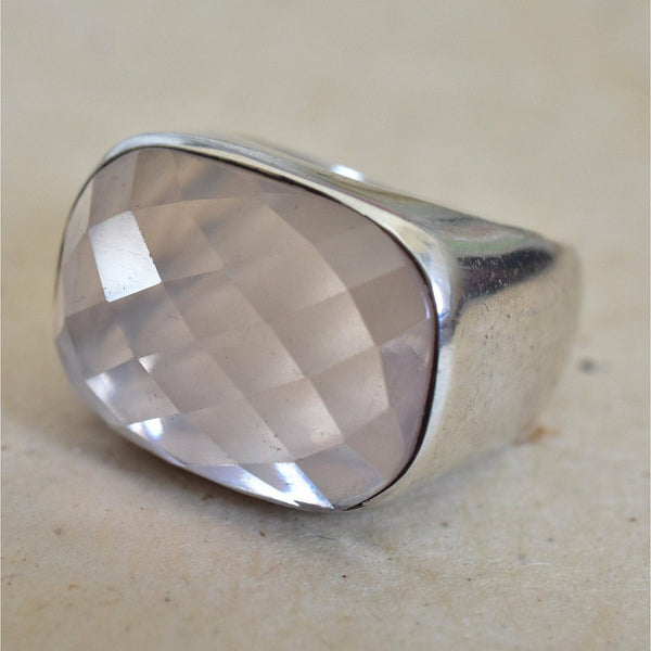 Natural Rose Quartz Semi Precious Silver Sterling Ring - Baga Ethnik Living