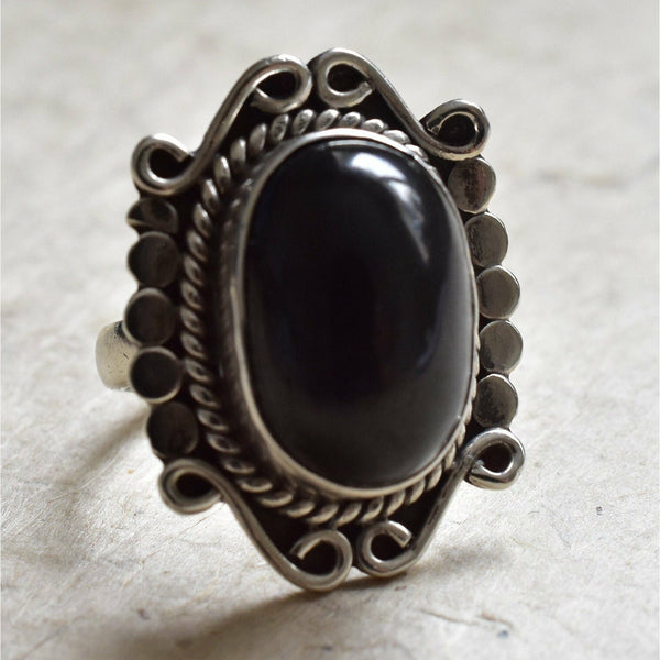 Handmade Tibetan Black Onyx 925 Sterling Silver Ring - Baga Ethnik Living