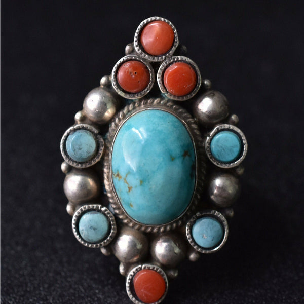 Handmade Vintage Coral and Turquoise Tibetan Silver Ring - Baga Ethnik Living