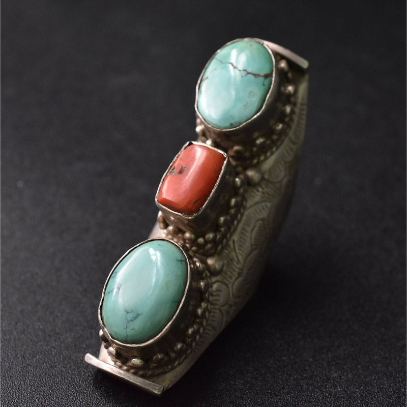 Vintage Tibetan Silver Ring Lapis Lazuli Coral and Turquoise popular Tibetan Silver