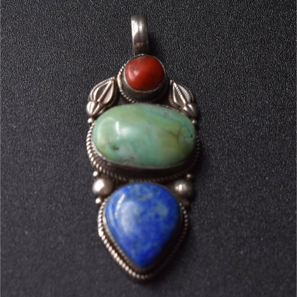 Vintage Collection Turquoise, Coral and Lapis Sterling Silver Pendant - Baga Ethnik Living