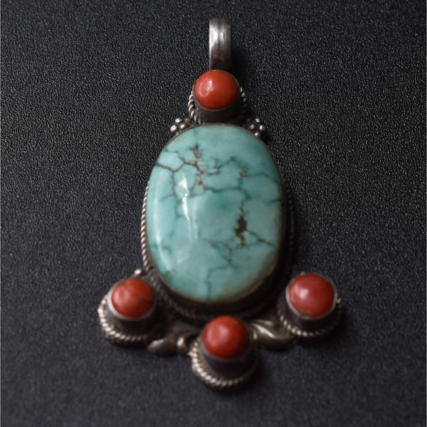 Vintage Coral and Turquoise Sterling Silver Pendant - Baga Ethnik Living