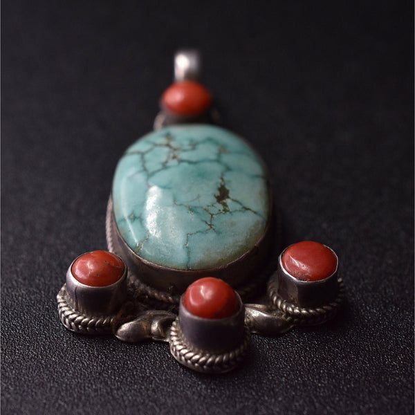 Vintage Coral and Turquoise Sterling Silver Pendant - Baga Ethnik Living