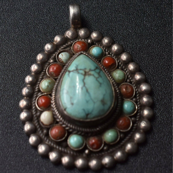 Handmade Vintage Turquoise and Coral Sterling Silver Pendant - Baga Ethnik Living