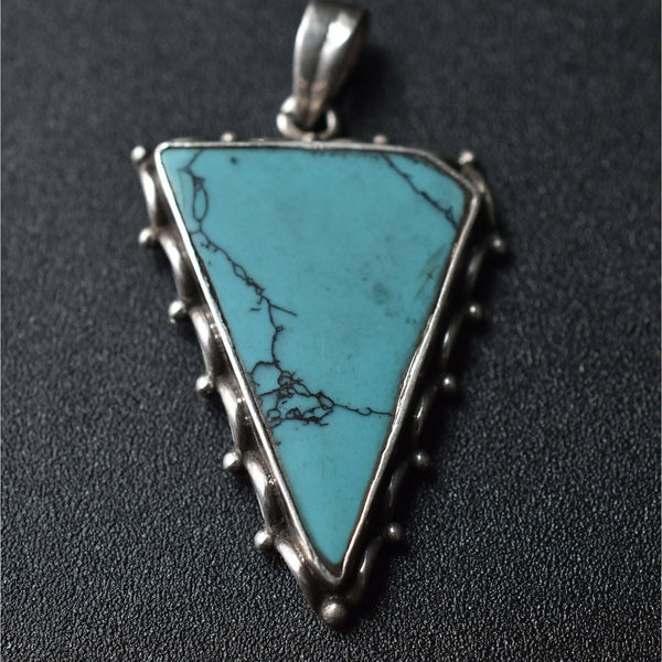 Unique Triangle Tibetan Handmade Turquoise Silver Pendant - Baga Ethnik Living