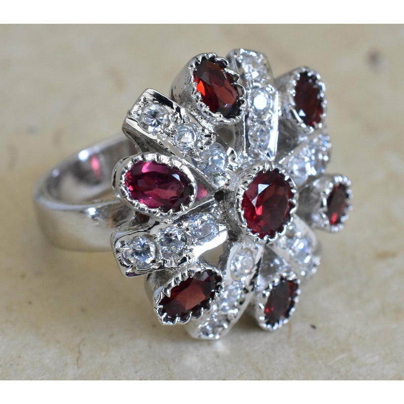 Gorgeous Cocktail Garnet & Zircon Silver Sterling Ring - Baga Ethnik Living